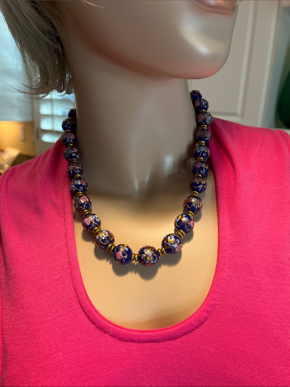 Handcrafted cobalt blue and pink Cloisonné Bead Necklace with gold wire accents